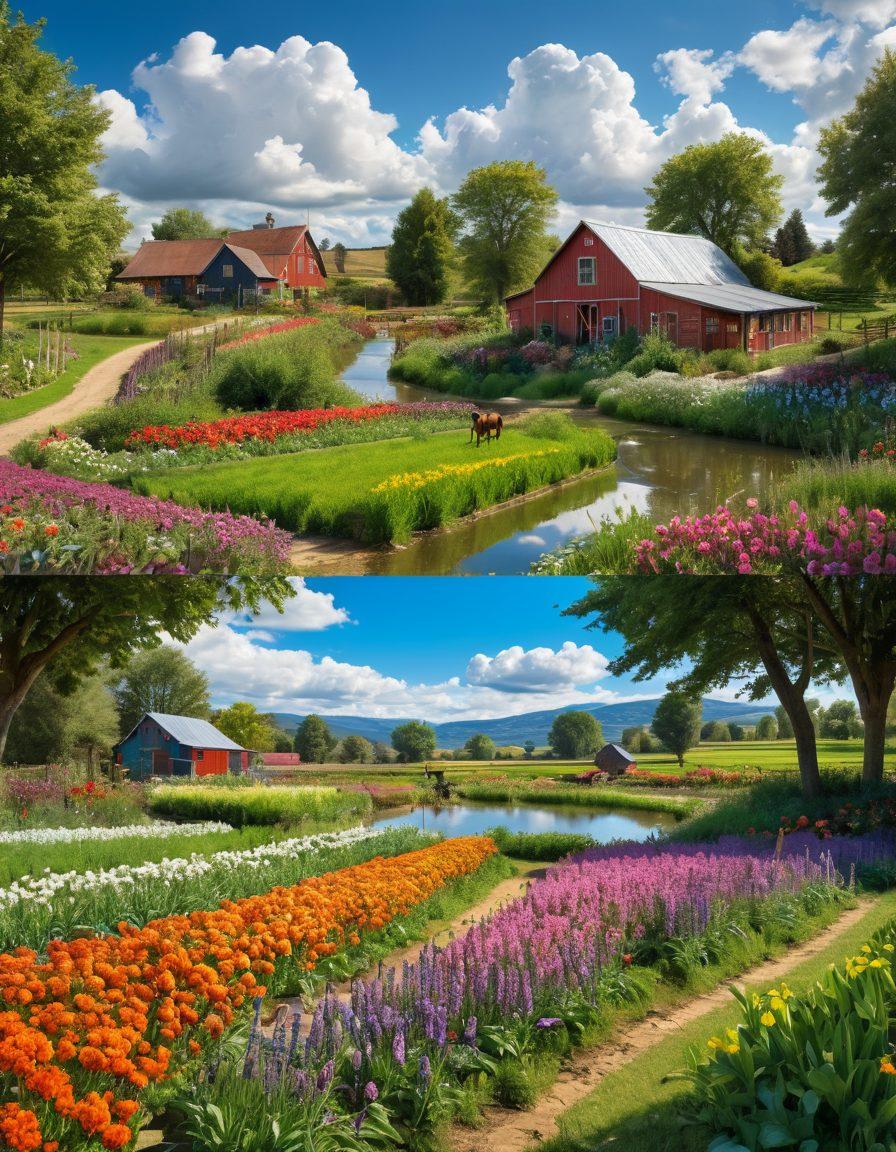 A picturesque farmstead with lush green fields, vibrant vegetable gardens, and diverse livestock. Include a farmer practicing holistic agriculture methods, surrounded by colorful flowers and a serene pond. Bright blue skies with fluffy clouds above, showcasing organic farming practices like crop rotation and composting. Capture the essence of sustainability and rural beauty. super-realistic. vibrant colors. 3D.
