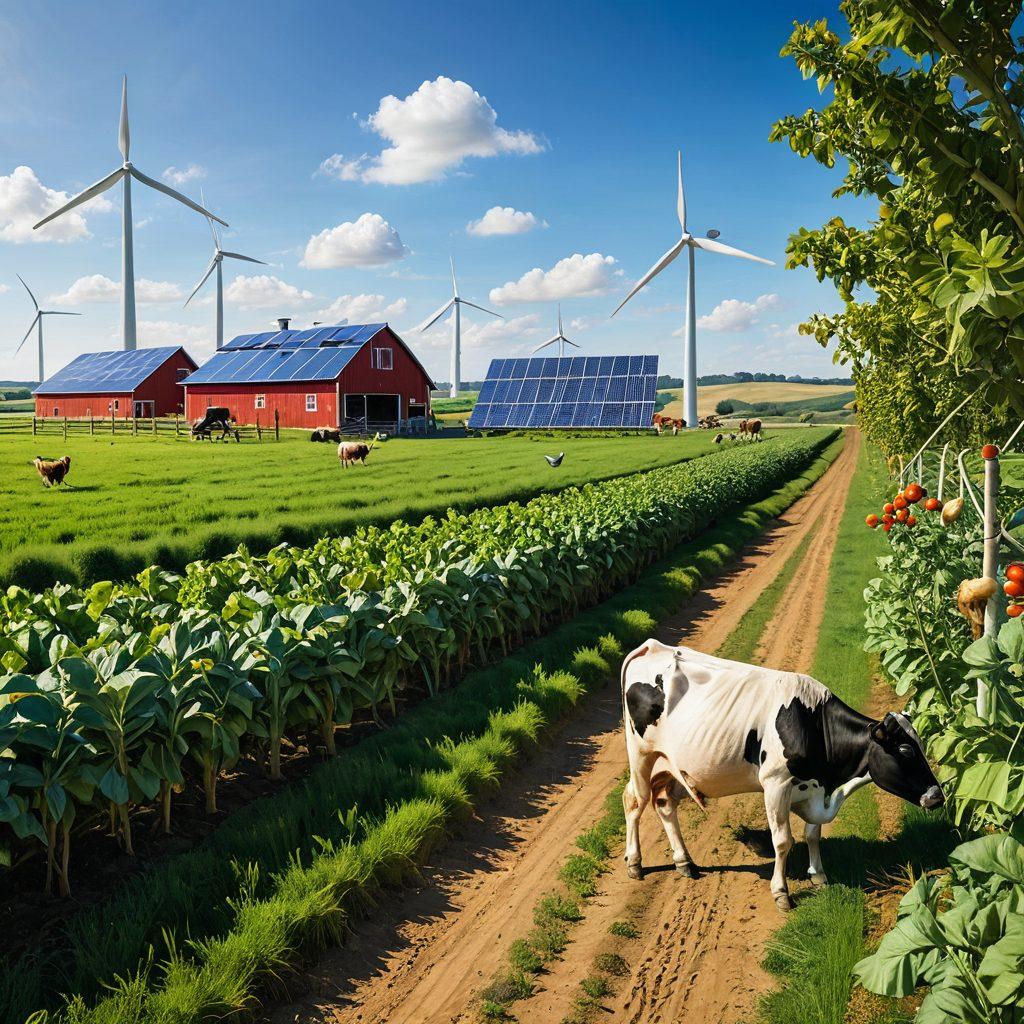 A lush green farm landscape showcasing a harmonious blend of crops and livestock, with happy animals like cows and chickens roaming freely among vibrant fields of vegetables and grains. A farmer gently tending to the plants under a clear blue sky, emphasizing sustainable practices and eco-friendly techniques. Include solar panels or wind turbines in the background to highlight renewable energy. The colors should be bright and inviting to promote a sense of environmental stewardship. super-realistic. vibrant colors.