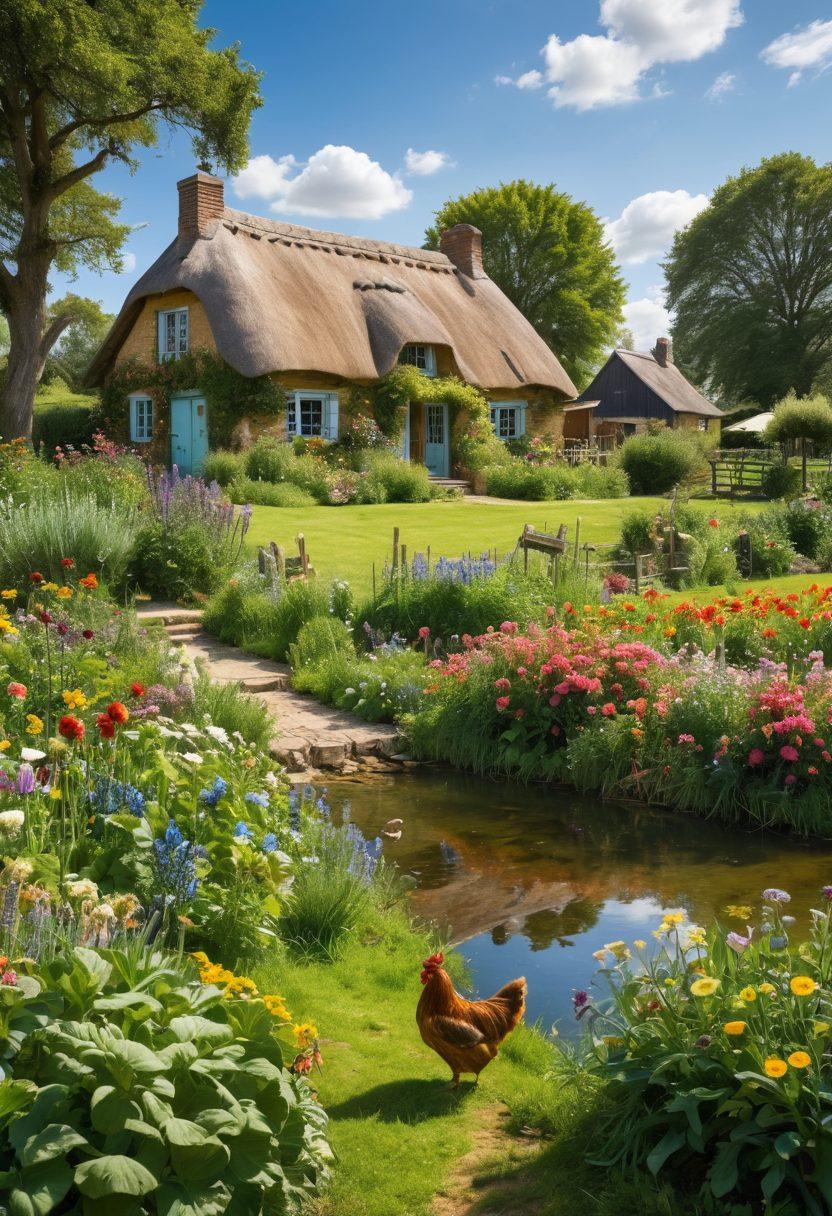 A picturesque countryside scene showcasing a sunny homestead with a thatched-roof cottage surrounded by lush green fields. Include a farmer tending to a flourishing vegetable garden, chickens pecking around, and a small pond reflecting the blue sky. Incorporate vibrant wildflowers and fruit trees in the background, symbolizing sustainable farming. Super-realistic. Bright colors. Natural setting.